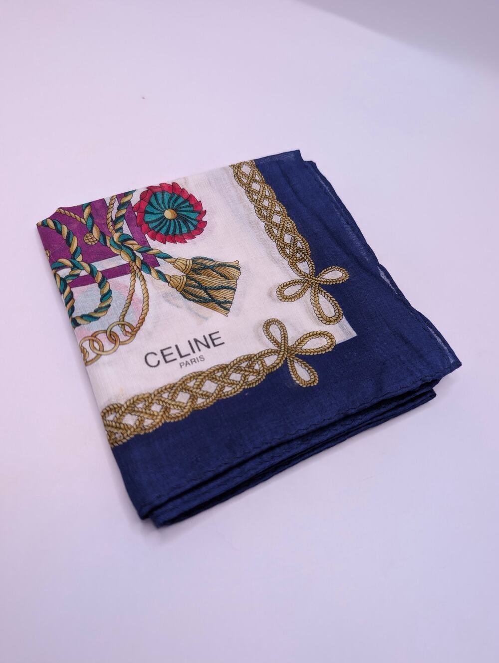 Celine Paris Handkerchief Scarf Rope Tassel Medallion Navy 18x18"